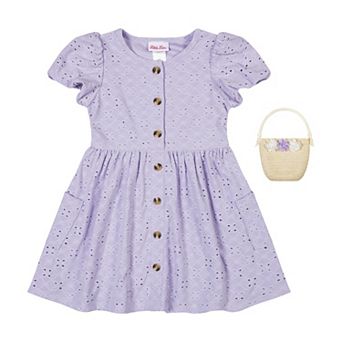Girls Little Lass Knit Eyelet Dress with Puff Sleeves & Pockets