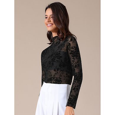 Women's Sheer Mesh Floral Tops Mock Neck Long Sleeve Shirt See Through Blouses