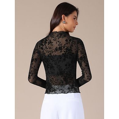 Women's Sheer Mesh Floral Tops Mock Neck Long Sleeve Shirt See Through Blouses