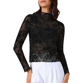 Women's Sheer Mesh Floral Tops Mock Neck Long Sleeve Shirt See Through Blouses