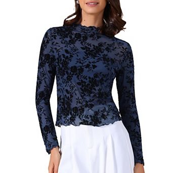 Women's Sheer Mesh Floral Tops Mock Neck Long Sleeve Shirt See Through Blouses