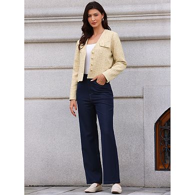 Tweed Blazers for Women Long Sleeve Button Down Collarless Elegant Business Casual Cropped Jacket