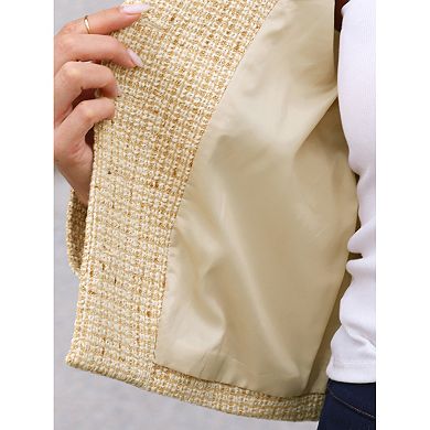 Tweed Blazers for Women Long Sleeve Button Down Collarless Elegant Business Casual Cropped Jacket