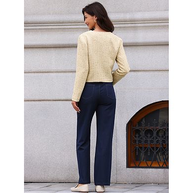 Tweed Blazers for Women Long Sleeve Button Down Collarless Elegant Business Casual Cropped Jacket