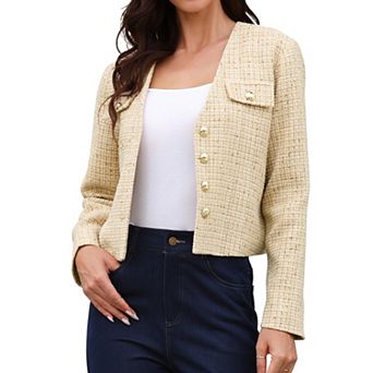 Tweed Blazers for Women Long Sleeve Button Down Collarless Elegant Business Casual Cropped Jacket