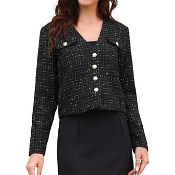 Tweed Blazers for Women Long Sleeve Button Down Collarless Elegant Business Casual Cropped Jacket