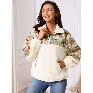 Women's Winter Sweatshirt Long Sleeve Lapel Half Zip Faux Fur Cat Contrast Pullover with Pockets