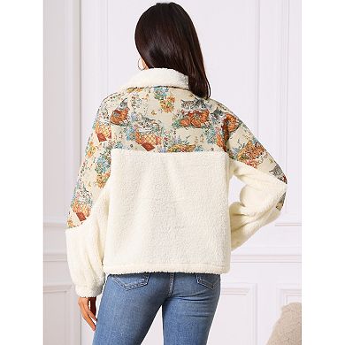 Women's Winter Sweatshirt Long Sleeve Lapel Half Zip Faux Fur Cat Contrast Pullover with Pockets