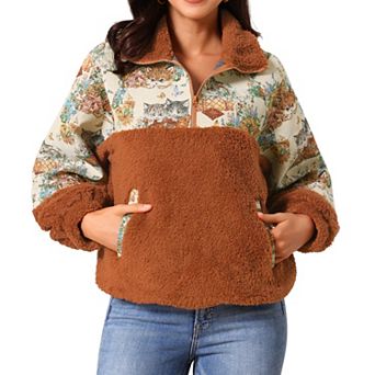 Women's Winter Sweatshirt Long Sleeve Lapel Half Zip Faux Fur Cat Contrast Pullover with Pockets