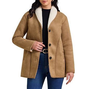 Women Winter Suede Overcoat Button Down Lapel Fleece Jacket Winter Coats with Pockets