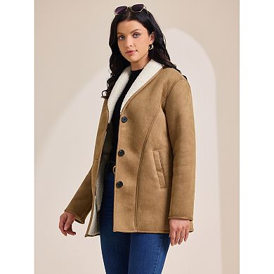 Women Winter Suede Overcoat Button Down Lapel Fleece Jacket Winter Coats with Pockets