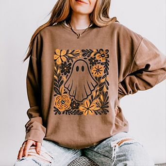 Ghost Floral Orange - Womens Lightweight Garment Dyed Sweatshirt