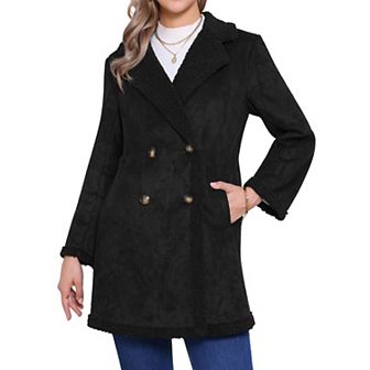Women's Faux Shearling Coat Double Breast Lapel Fleece Jackets Long Faux Fur Outwear with Pockets