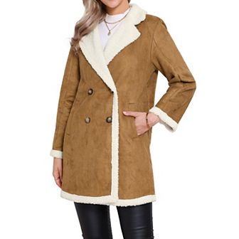 Women's Faux Shearling Coat Double Breast Lapel Fleece Jackets Long Faux Fur Outwear with Pockets