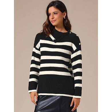 Women Long Sleeve Pullover Sweaters Striped Lapel Collar Color Block Casual Loose Blouses Tops