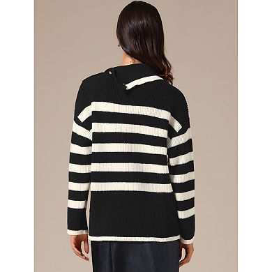 Women Long Sleeve Pullover Sweaters Striped Lapel Collar Color Block Casual Loose Blouses Tops