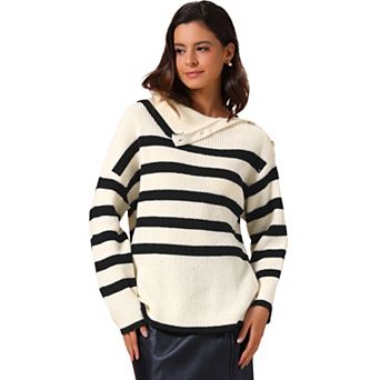 Women Long Sleeve Pullover Sweaters Striped Lapel Collar Color Block Casual Loose Blouses Tops