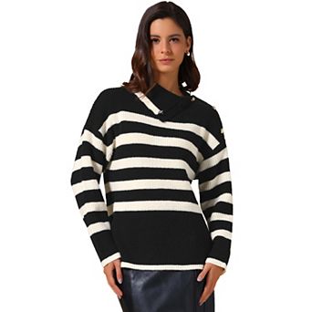 Women Long Sleeve Pullover Sweaters Striped Lapel Collar Color Block Casual Loose Blouses Tops