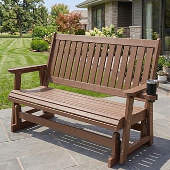 3-Seater HIPS Patio Glider with Cup Holders, All-Weather Outdoor Bench, High Back & Deep Seat