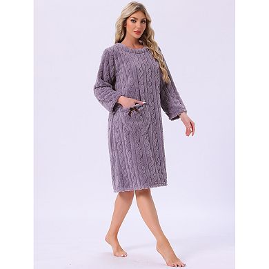 Women's Flannel Nightgown Fuzzy Fleece O Neck Pullover Nightdress Winter Sleepdress with Pocket