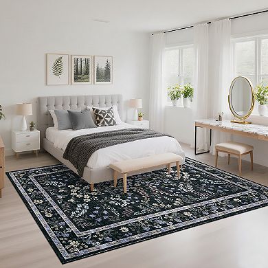 Garvee Machine Washable Garden Rug Floral Patterns Non Slip Stain Resistant Area Rug for Home Decor