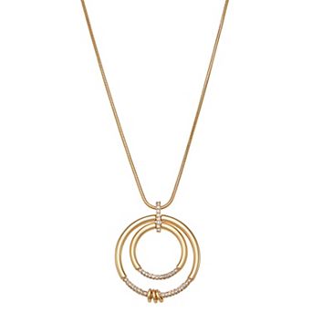 Nine West Gold Tone Pave Gemstone Hoop Pendant Necklace