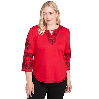 Women's Alfred Dunner Knit Embroidered Sleeve Beaded Split-Neck Top