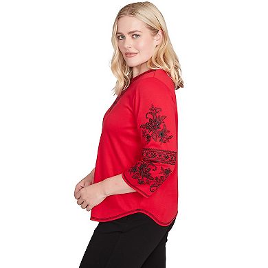 Women's Alfred Dunner Knit Embroidered Sleeve Beaded Split-Neck Top