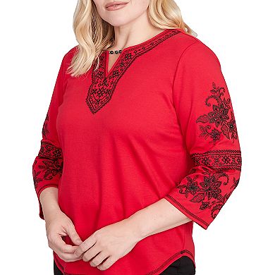 Women's Alfred Dunner Knit Embroidered Sleeve Beaded Split-Neck Top