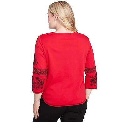 Women's Alfred Dunner Knit Embroidered Sleeve Beaded Split-Neck Top