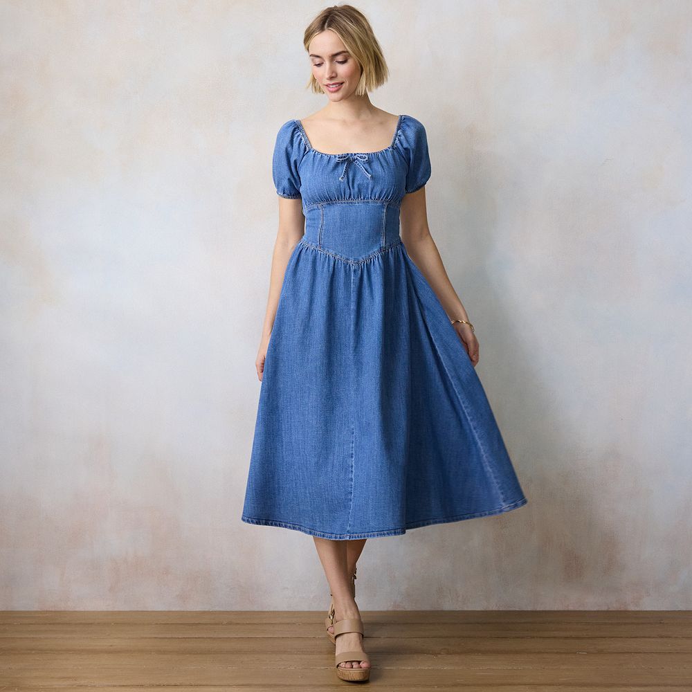 Women's LC Lauren Conrad Denim V-Yoke Puff Sleeve Corset Midi Dress