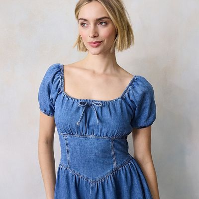 seam corset denim flare dress plein sud Women's Corset Midi Dress with Puff Sleeves – Wash Lab – washlabshop