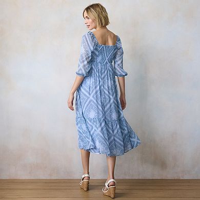 Women's LC Lauren Conrad Square Neck Puff 3/4 Sleeve Midi Dress