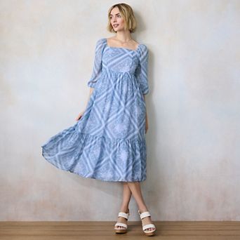 Women's LC Lauren Conrad Square Neck Puff 3/4 Sleeve Midi Dress