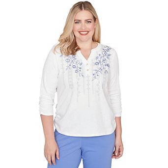 Women's Alfred Dunner Geometric Floral Ruched Henley Top