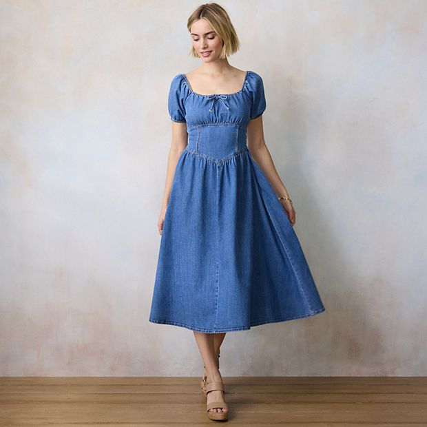 Petite LC Lauren Conrad Denim V-Yoke Puff Sleeve Corset Midi Dress