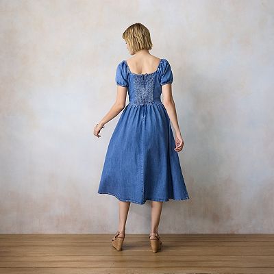 Petite LC Lauren Conrad Denim V-Yoke Puff Sleeve Corset Midi Dress