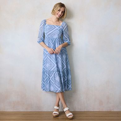 Petite LC Lauren Conrad Square Neck Puff 3/4 Sleeve Midi Dress