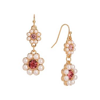1928 Gold-Tone Simulated Pearl & Stone Flower Dangle Earrings