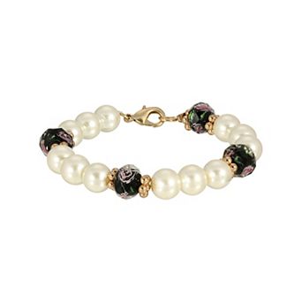1928 Gold-Tone Simulated Pearl Floral Bracelet