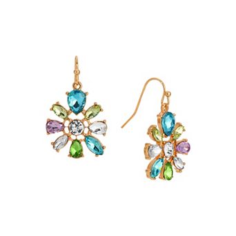1928 Gold Tone Multicolor Crystal Floral Drop Earrings