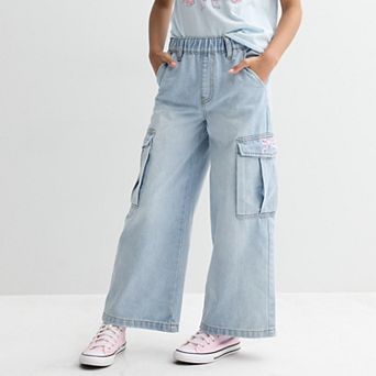 Girls 7-16 Gogo Star Wide Leg Cargo Jeans with Bow Embroidery
