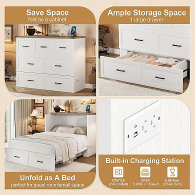 Merax Murphy Bed Cabinet with Charging Station, Multi-Functional Foldable Platform Bed