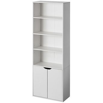71" White 4 tier Open Book Shelf And Bookcases With 2 Doors Storage Cabinet And 1 Adjustable Shelf