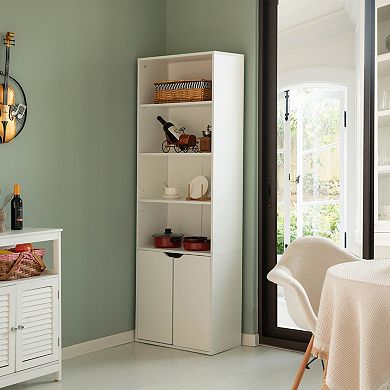 71" White 4 Tier Open Book Shelf And Bookcases With 2 Doors Storage Cabinet And 1 Adjustable Shelf