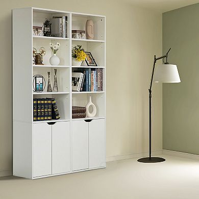 71" White 4 Tier Open Book Shelf And Bookcases With 2 Doors Storage Cabinet And 1 Adjustable Shelf