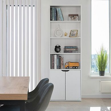71" White 4 Tier Open Book Shelf And Bookcases With 2 Doors Storage Cabinet And 1 Adjustable Shelf
