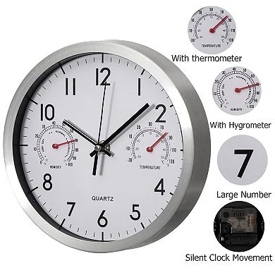 Clockswise 12-inch Non-Ticking Quartz Wall Clock with Thermometer & Hygrometer