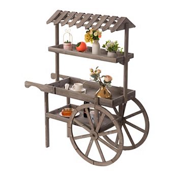 Rustic Wood Cart Rack Plant Stand 3 tier With Wheels For Display