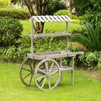 Rustic Wood Cart Rack Plant Stand 3 Tier With Wheels For Display
